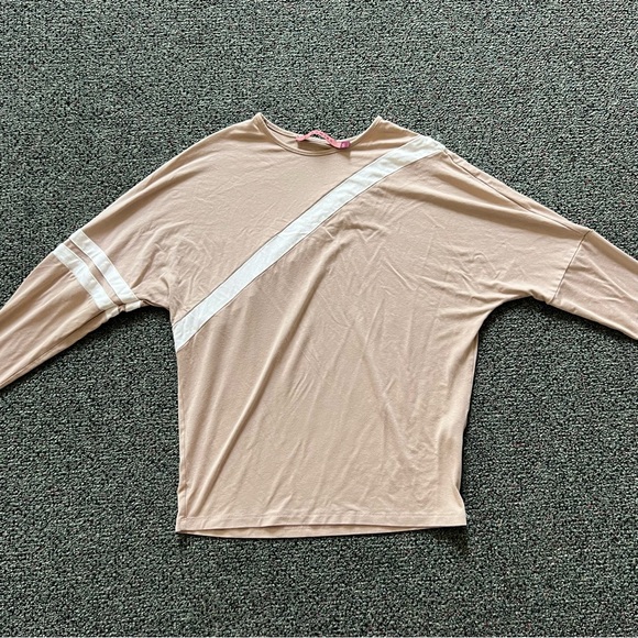 Tan & White Stripe Bag Wing Statement Sleeve Long-Sleeve Modest T-Shirt Top Sz S - Picture 6 of 16